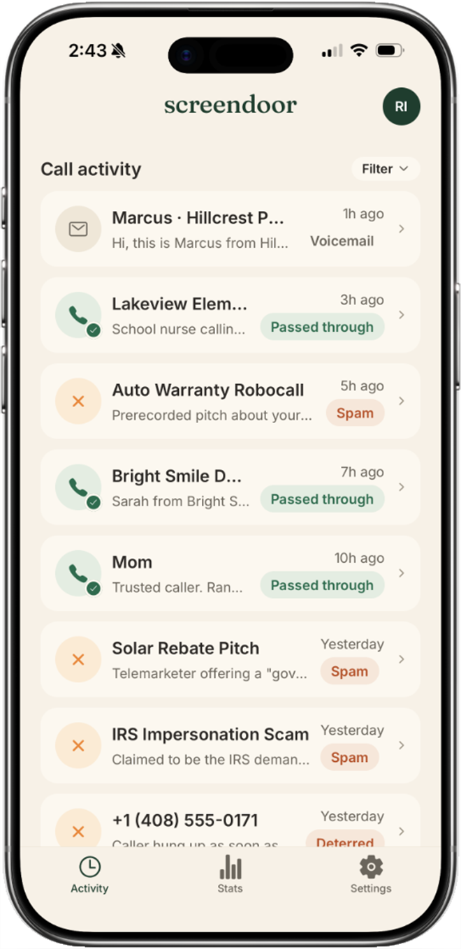 ScreenDoor call activity: spam silently blocked, real calls passed through